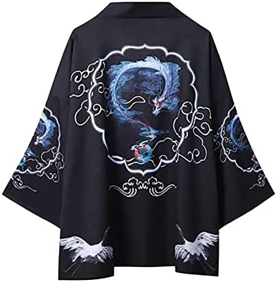 XXBR Јапонски кимоно кардиган за мажи Отворен фронт драпиран 3/4 ракав Укијое Змеј Печатен лесен плажа
