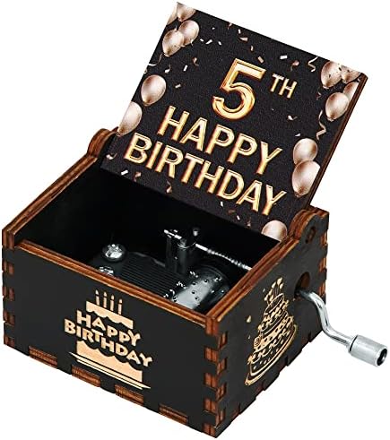 Disfuco 5 -ти среќен роденденски музички кутија - подарок за петти битдеј предучилишно дете момче или девојче - музичка кутија со рачно дрвени
