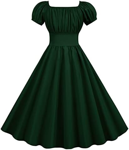 Женски гроздобер цврста боја кратки фустани 1950 -ти рокабили коктел замав фустан ретро капаче за ракав со фустан од половината