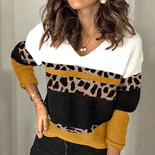 Maseенски модни џемпери 2023 есен леопард обични кошули со долг ракав трендовски бок -блок плетен пулвер џемпер врвна блуза