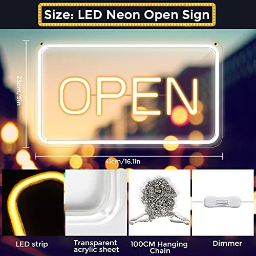 LED отворени знаци за бизнис, 16 x 9 Неонски отворен знак, голема осветленост топло бело светло знак со ланец, за мал бизнис, продавница,