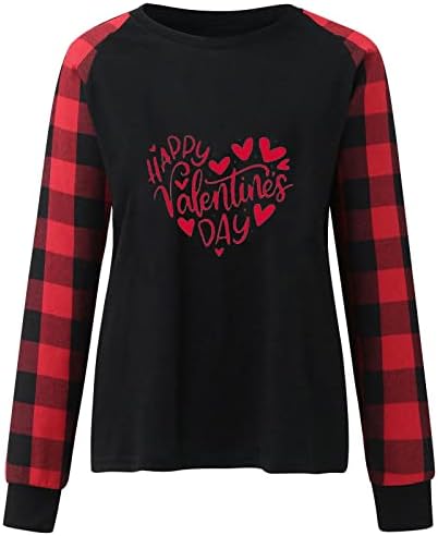2023 Среќни кошули на в Valentубените за жени мода Бафало карирани долги ракави капка рамо пуловер, симпатична срцева туниќ врвови