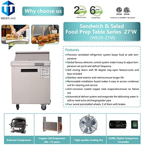 Westleake 27 W Фрижидер Сендвич и Салата Подготвена табела Комерцијална ладилник за ладење на вентилатор од не'рѓосувачки челик со