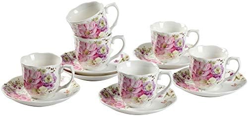 GY 12 ПАРЧИЊА Чај сет-7oz Нова Коска Кина Чај Чаши и Чинии Со Розова Цвет Шема Порцелански Чаши За Мока Капучино Чај и кафе