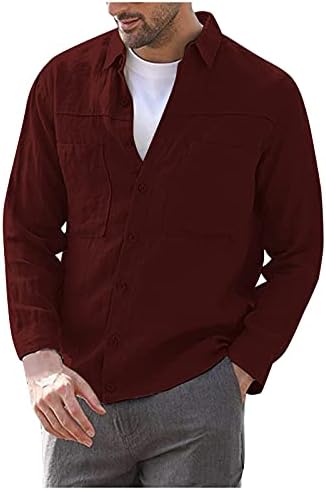 XXBR памучни постелнини Обични кошули за мажи, падот на копчето надолу со цврста боја долга ракав врвови на лаптовата кошула со предни