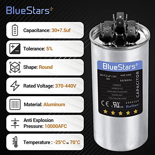 BlueStars 30+7,5 UF ± 5% 30/7,5 MFD 370/440 VAC Dual Run Round Connector 50/60Hz 10000AFC за кондензатор директно ладно или топлинска