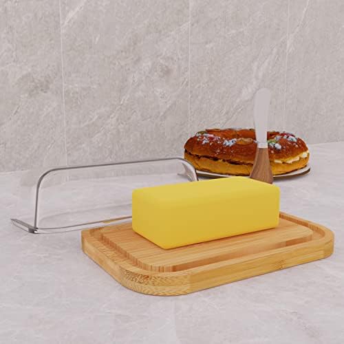 Горгин Путер за чинија со капак за countertop и свежина на фрижидер - стаклена путер со путер со густа бамбус плоча - сад за путер - покриена