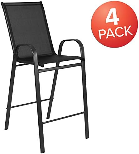 Флеш мебел 4 пакет серија на бразис црна надворешна бар -столче со флексибилен удобно материјал и метална рамка