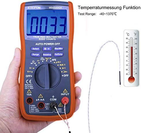ETEPON Дигитален мултиметар Вистински RMS автоматски тестер за напон, мерки, напон, струја, отпорност, континуитет, фреквенција, капацитивност, температура, тест диоди,