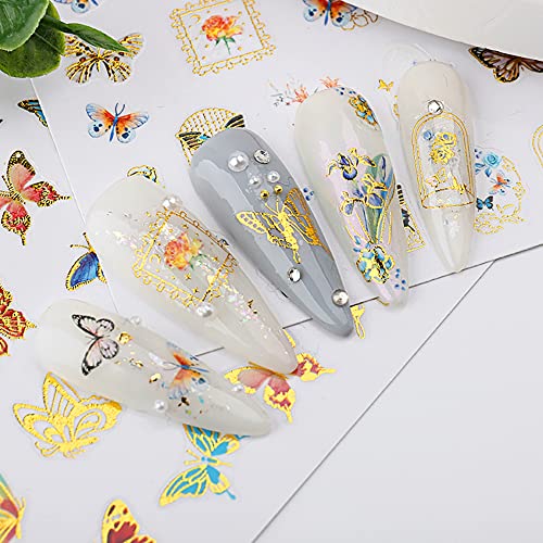 8 листови 3Д бронзинг цвет налепници за нокти на пеперутка пролетни цвеќиња птици нокти декорации ретро часовник златна рамка цветни налепници