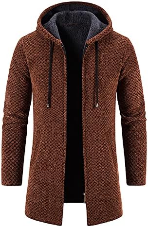 Јакни за мажи со долг палто со качулка карана карирана плетење плетење палто џемпер топло цврста боја јакни врвови