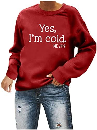 Да, јас сум ладно писмо печати врвови женски трендовски џемпер плус големина о-врат пуловер дами со долг ракав, лежерна маичка
