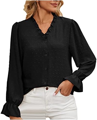 Пролет и летни врвови за жени 2023 мода руфла V-врат блузи цврста боја со долги ракави шифонска кошула Топ 1