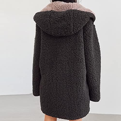 Зимски палто за жени Теди стрижење Отворено предниот кардиган палто го задебелува нејасното руно зимско топло миди -качулка јакна