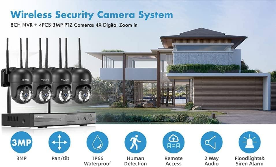 VCAMDO систем за безжична безбедносна камера, 8PCS 3MP PTZ камери на отворено купола, 8CH Надзорник 5MP NVR, боја на ноќна визија, аларм