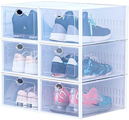 Кутии за чевли со пакување на Bicoy 6 исчистени пластични капки капки предни организатори за складирање на чевли се вклопуваат до нас со големина