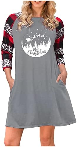 Fragarn Women Christmas Brigmor Print Долги ракави Туника фустани џебови плус големина фустан со маица