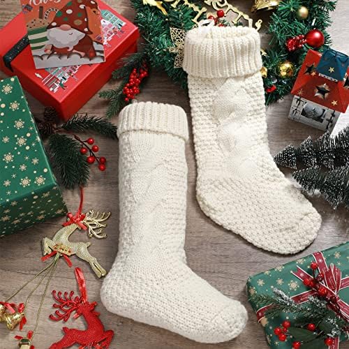 6 парчиња 18 инчи Божиќни чорапи Пакет Божиќни чорапи кабел плетени божиќни чорапи Божиќно порибување виси декор бело порибување