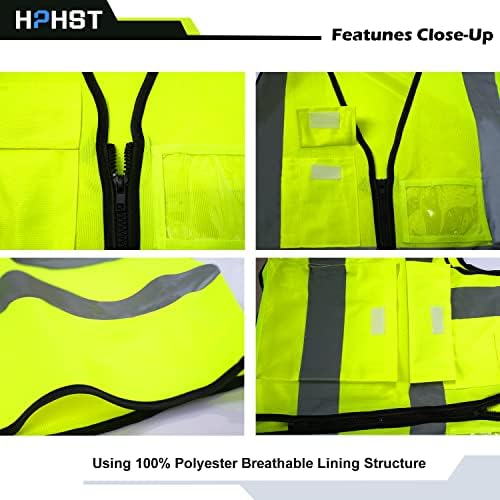 HPHST 5 џебови со голема видливост рефлексивен безбедносен елек, патент предниот дел, ги исполнува стандардите ANSI/ISEA жолто
