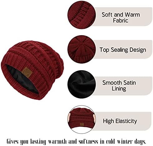 Beanies Womenените зимски капи за жени сатен наредени свила од свила, наредени симпатични слабини за зимска топла плетена снежна скијачка капа