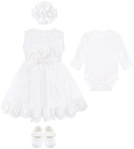 Бебе девојче од лилакс новороденче крштевање чипка чипка бела фустан наметка од 4 парчиња лукс сет