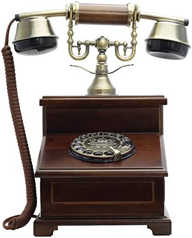 ОПИС 1921 Кабел Модел Е: Масивниот десктоп телефонски стил на антички стил направен од дрво и метал со гроздобер ротационо бирање и метално bellвонче