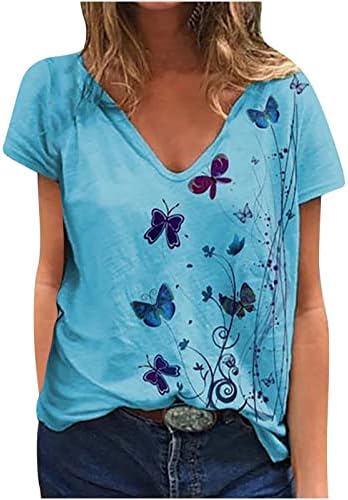 Женски плус големина летни врвови лажички V вратот со кратки ракави кошула лабава лежерна маичка облечена тунична маичка со пеперутки врвни пеперутки
