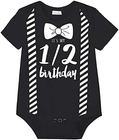 Zusnxaxe бебе прв роденденски каросерии момче Боути плејскуит половина 6 месеци стари бебиња момчиња, боди, среќни роденденски забава