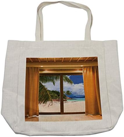 Торба за купување на плажа Амбесон, Тропски егзотичен поглед на морскиот брег од прозорецот со завеси летен остров океан слика,