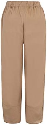 Yzhm жени цврста боја памучна постелнина панталони летни удобни широки нозе исечени панталони џебови дневна лабава вклопена каприци