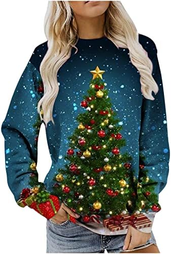 Неонски осветлуваат маици за елки за жени трендовски 3/4 ракав Среќен Божиќ сјај врвови на обични кошули со екипаж на екипаж на туника