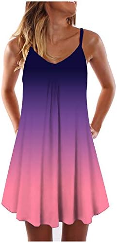 IQKA Womens Lutture Casual Tank фустан градиент боја секси шпагети каиш V вратот А-линија мини фустан вестидос