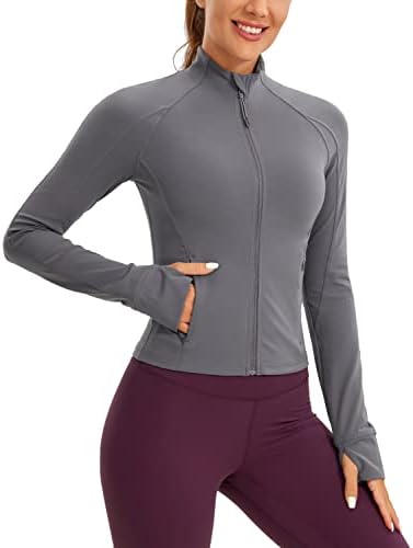 CRZ Јога Butterluxe жени исечени тенок вклопни јакни за вежбање - безжична патека Атлетска целосна поштенска јакна со дупки со палецот