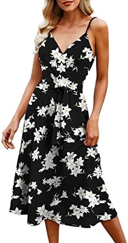 БОХО Флорални шпагети каиш Линија летен фустан цветна сузбење со обвивка за појас V вратот без ракави за ракави за жени кои се проток
