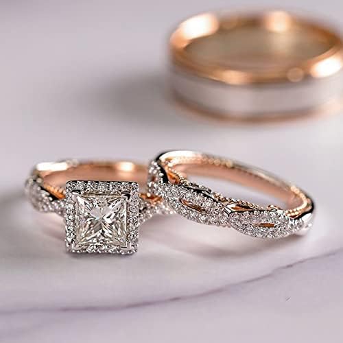 3 парчиња неговиот и нејзиниот двојка прстен невестински сет за жени розово злато позлатена квадратна кубна цирконија маж, венчален прстен бенд