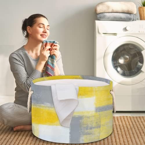 Уметничко сликарство сиво жолто апстрактни големи тркалезни корпи за корпи за перење алишта со рачки ќебе корпа за складирање за полици за бања за организирање на