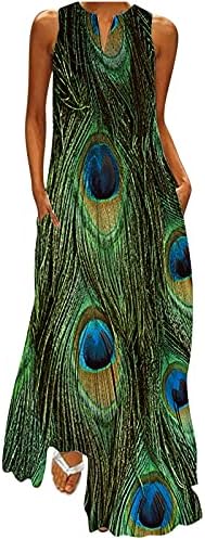 Maxенски макси фустан летен обичен обичен sundress v-врат за печатење без ракави долги фустани Хавајски плажа макси фустан со џебови