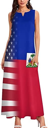 Американско Знаме На Хаити Женски Макси Фустан До Глуждот Долга Наметка Без Ракави со Џебови