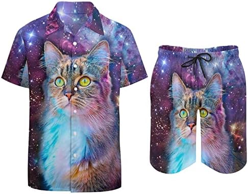 Вселенски мачки мажи 2 парчиња хавајски сет копче-долу кошули со кратки ракави, панталони за плажа, лабави фит-манжетни тренерки