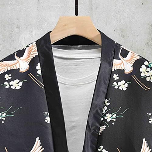 Ubst Јапонски кимоно кардиган за мажи, лабав отворен предниот дел од 3/4 ракав бел кран цветниот принт, лесен лесен јакна, улична стил