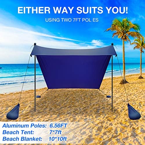 Шатор на плажа Сонцето Сонце со UPF50+ УВ заштита од плажа сенка на ветерници за ветерници преносен семеен шатор со 4 сидра со вреќи