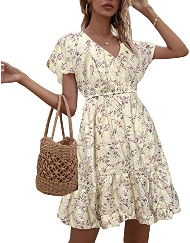 Fragarn Boho летен фустан, женски моден V-врат секси кратки ракави мини фустан цветен фустан од лабав ракав
