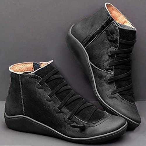 Женски чизми за глуждот и чизми Гроздобер фаукс пуп-чипка со тркалезни пети ниски потпетици кратки чизми обични удобни рамни чевли