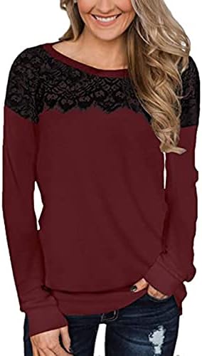 Женски долги ракави чипка за џемпери во боја, тенок, фит елегантен пулвер под земја, гроздобер екипаж, тенка есенска блуза