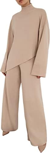 Womenените лабави над големината на плетените 2 парчиња облеки од џемпер на врвот и широките панталони за нозе