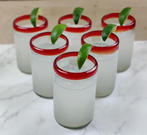 Дос Суењос Рачно Разнесени Мексикански Чаши за Пиење - Комплет од 6 Чаши Со Црвени Бандажи