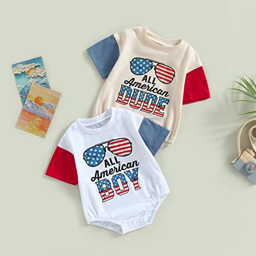 Мандизи бебе момче 4 -ти јули Ромпер Краток ракав Сите амрциски пријателе печати за печатење на каросерија за лето -облека за лето