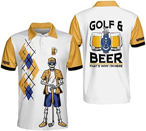 Ласфур персонализирана смешна череп голф кошула за мажи, смешен голф и пиво лесни полови кошули со кратки ракави за мажи