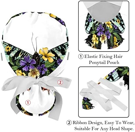 6 парчиња медицинска сестра за чистење жени со долга коса, пеперутки и цвеќиња прилагодливо работно капаче со копче и џемпери