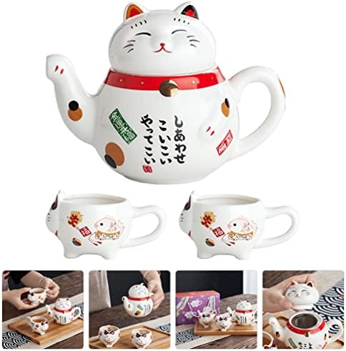 Besportble стаклена чајник 1 сет Јапонски среќен чај со мачки сет Манеки Неко керамички чајник со 2 чаши, симпатична азиска чај, поставена порцеланска кинеска кинеска оп?